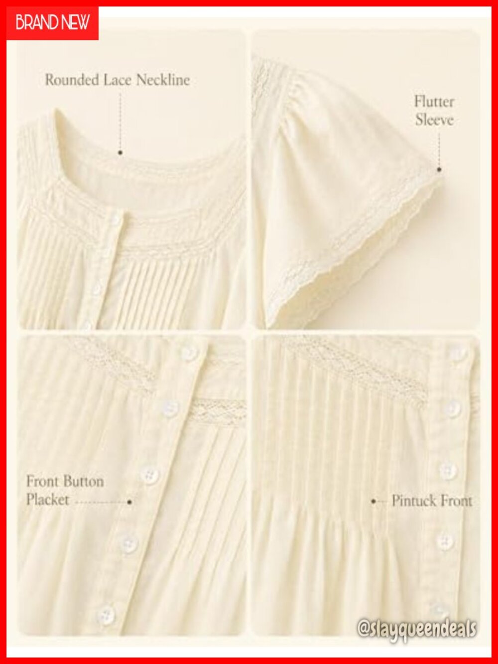 100% Cotton Lace Babydoll Top Square Neck Flutter Sleeve Button Down Crop Blouse - Picture 4 of 7